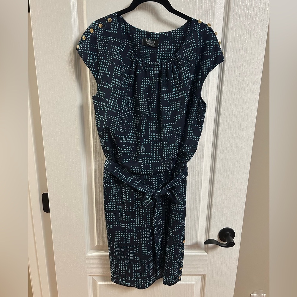 Guess Navy Printed Cap-Sleeve Belted Midi Dress with Gold Buttons